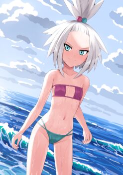 1girl aposine aqua_bikini bikini blue_eyes closed_mouth commentary english_commentary eyepatch_bikini freckles hair_bobbles hair_ornament highres looking_at_viewer mismatched_bikini multicolored_hair_bobbles navel nintendo ocean pokemon pokemon_black_2_and_white_2 purple_bikini roxie_(pokemon) smile solo standing stomach swimsuit topknot water wet white_hair