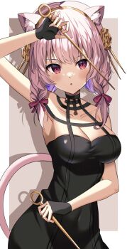 Rule 34 | 1girl, @shun, alternate costume, animal ear fluff, animal ears, arm up, armpits, bare shoulders, black dress, black gloves, blush, border, braid, breasts, brown background, cat ears, cat girl, cat tail, cleavage, collarbone, commentary request, commission, cosplay, covered navel, cowboy shot, dress, drop shadow, fingerless gloves, fingernails, gloves, gold hairband, hair ornament, hair ribbon, hairband, hairpin, halterneck, highres, holding, holding hairpin, indie virtual youtuber, izumiya konomi, long hair, looking at viewer, medium breasts, outside border, parted lips, pink eyes, pink hair, pink ribbon, pink tail, ribbon, second-party source, skeb commission, sleeveless, sleeveless dress, solo, tail, twin braids, twintails, virtual youtuber, white border, yellow hairband, yor briar, yor briar (cosplay)