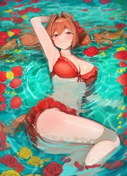 1girl absurdres amepa_(ame_pinecandy) animal_ears arm_up armpits ass bikini bikini_skirt blush bow breasts brown_hair cleavage collarbone commentary_request daiwa_scarlet_(mini_vacation)_(umamusume) daiwa_scarlet_(umamusume) feet_out_of_frame film_grain flower flower_on_liquid frilled_bikini frills hair_between_eyes hair_bobbles hair_bow hair_intakes hair_ornament highres horse_ears horse_girl horse_tail large_breasts legs long_hair looking_at_viewer lying lying_on_water navel official_alternate_costume on_side partially_submerged red_bikini red_bow red_eyes red_flower red_rose revision rose smile solo swimsuit tail thighs twintails umamusume very_long_hair water wet wet_hair yellow_flower yellow_rose