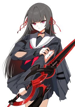 1girl arm_cutout black_choker black_hair black_serafuku black_shirt black_skirt blunt_bangs chisa_(wuthering_waves) choker clothing_cutout commentary cowboy_shot hair_ribbon highres holding holding_sword holding_weapon light_blush long_hair long_sleeves looking_at_viewer neckerchief parted_lips red_eyes red_neckerchief red_ribbon ribbon sailor_collar school_uniform serafuku shirt simple_background skirt solo sword tacet_mark_(wuthering_waves) v-shaped_eyebrows weapon white_background white_sailor_collar wuthering_waves yusuriru202