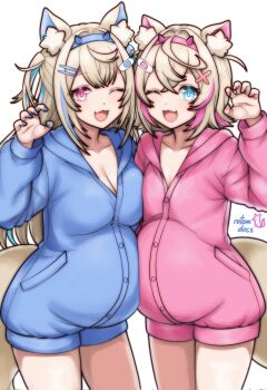 2girls ;d animal_ear_fluff animal_ears artist_logo asymmetrical_docking bandaid bandaid_hair_ornament blue_eyes blue_nails blue_pajamas breast_press breasts cleavage commentary cowboy_shot crossed_bangs dog_ears dog_girl english_commentary fake_horns fang fingernails fuwawa_abyssgard hair_ornament hairband hairclip headband highres hololive hololive_english horn_hairband large_breasts logo looking_at_viewer mococo_abyssgard multiple_girls one_eye_closed open_mouth pajamas parallel_hairclips paw_pose pink_eyes pink_hairband pink_headband pink_nails pink_pajamas pregnant rotomdocs siblings simple_background sisters skin_fang small_breasts smile twins virtual_youtuber white_background x_hair_ornament