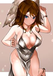 Rule 34 | 1girl, absurdres, alternate costume, asymmetrical bangs, blue eyes, bracelet, breast tattoo, breasts, brown hair, cleavage, commentary, covered navel, dress, eunie (xenoblade), evening gown, head wings, highres, jewelry, large breasts, looking at viewer, medium hair, necklace, side slit, silver dress, silver footwear, simple background, sleeveless, sleeveless dress, solo, standing, standing on one leg, tattoo, white wings, wide hips, wings, xenoblade chronicles (series), xenoblade chronicles 3, yotsuha uni