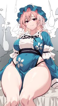 1girl absurdres aqua_hat aqua_kimono bare_legs bed_sheet black_panties black_ribbon blush breasts center_frills commentary_request covered_navel feet_out_of_frame frilled_hat frills hat highleg highleg_panties highres hira-san hitodama japanese_clothes kimono long_sleeves looking_at_viewer medium_breasts mob_cap neck_ribbon obi panties partial_commentary pelvic_curtain pink_hair red_eyes ribbon saigyouji_yuyuko sailor_collar sash sitting smile solo thick_thighs thigh_focus thighs touhou underwear white_sailor_collar