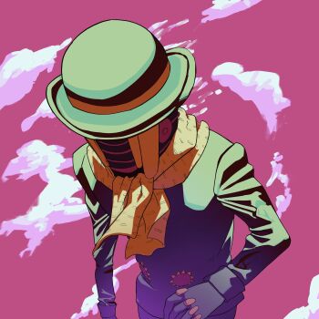 1other black_coat black_hat bowler_hat cloud coat commentary cowboy_shot dagiro25 english_commentary formal_clothes gloves hat highres humanoid_robot jojo_no_kimyou_na_bouken jojolion long_sleeves other_focus pink_sky purple_gloves robot scarf sky solo stand_(jojo) suit wonder_of_u yellow_scarf