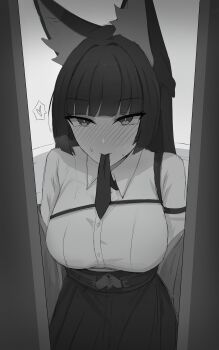 1girl absurdres animal_ear_fluff animal_ears blunt_bangs blush breasts collared_shirt fox_ears fox_girl greyscale highres hoshimi_miyabi large_breasts long_hair looking_at_viewer monochrome mouth_hold namikare necktie necktie_in_mouth shirt skirt solo sweat zenless_zone_zero