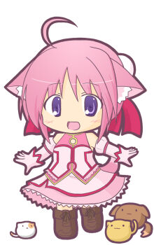 Rule 34 | 1girl, :d, ahoge, animal, animal ear fluff, animal ears, bare shoulders, blush, boots, brown boots, cat, chibi, commentary request, detached sleeves, dog, dog days, dog ears, dog girl, dog tail, female focus, full body, gloves, hair between eyes, hair ribbon, juliet sleeves, long sleeves, millhiore f. biscotti, open mouth, pink gloves, pink hair, pink shirt, pink skirt, puffy sleeves, purple eyes, red ribbon, ri-net, ribbon, shirt, simple background, skirt, sleeveless, sleeveless shirt, smile, solo, standing, tail, white background