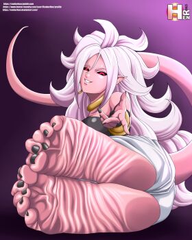 1girl android_21 barefoot colored_skin dragon_ball dragon_ball_fighterz feet foot_focus happy highres leaning_forward majin_android_21 nail_polish pink_skin rankerhen red_eyes sitting smile soles solo spread_legs white_hair wrinkled_feet