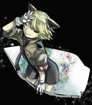1boy animal_ears arm_support arm_up armband belt black_background black_necktie blonde_hair bloom cat_boy cat_ears closed_mouth commentary_request floating_clothes floating_hair from_above gloves green_shirt grey_shorts hair_between_eyes hand_on_own_head hellsing hitler_youth leaning_forward light_particles looking_at_viewer male_focus medium_hair military_uniform moriyama_ei narrowed_eyes nazi necktie one-hour_drawing_challenge one_eye_closed partially_submerged pocket portal_(object) print_armband red_armband red_eyes ripples schroedinger_(hellsing) shards shirt short_shorts short_sleeves shorts shoulder_boards shoulder_strap signature smile solo striped_armband striped_clothes swastika swastika_print through_portal trap white_gloves wing_collar