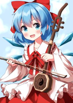 1girl aqua_eyes blue_hair blush bow bow_(music) cirno collarbone commentary_request cosplay cowboy_shot dot_nose frilled_shirt_collar frills hair_between_eyes hair_bow highres holding holding_bow_(music) holding_instrument ice ice_wings instrument long_sleeves neck_ribbon open_mouth red_bow red_ribbon red_skirt ribbon ruu_(tksymkw) satsuki_rin satsuki_rin_(cosplay) shirt short_hair skirt solo split_mouth standing touhou white_shirt wide_sleeves wings yin_yang