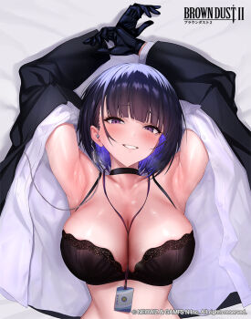 1girl armpits between_breasts black_bra black_choker black_gloves black_hair black_suit blue_hair bra breasts brown_dust_(series) brown_dust_2 choker cleavage collarbone commentary_request copyright_name copyright_notice dakimakura_(medium) formal_clothes gloves lanyard luvencia_(brown_dust) mole mole_under_eye purple_eyes shadow shirt smile solo suit ulrich_(tagaragakuin) underwear upper_body white_shirt