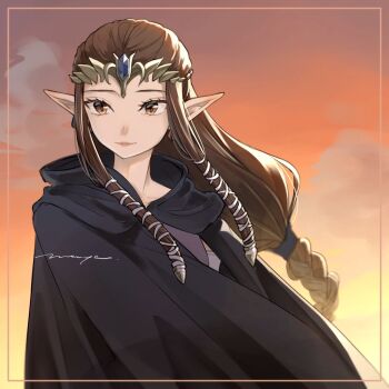 1girl black_cloak blue_gemstone braid brown_eyes brown_hair circlet cloak closed_mouth commentary gem highres long_hair low-braided_long_hair low-tied_long_hair maya_(mayamayammy) nintendo orange_sky pointy_ears princess_zelda sidelocks signature sky solo the_legend_of_zelda the_legend_of_zelda:_twilight_princess upper_body