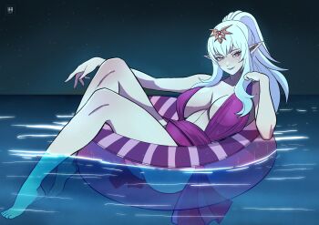 1girl alternate_color alternate_costume alternate_eye_color alternate_hair_color ass bare_arms bare_legs bare_shoulders bikini breasts collarbone commentary corruption english_commentary fire_emblem fire_emblem_awakening highres ihsnet innertube large_breasts long_hair looking_at_viewer night nintendo outdoors partially_submerged pointy_ears ponytail purple_bikini red_eyes smile solo swim_ring swimsuit thighs tiki_(adult)_(fire_emblem) tiki_(fire_emblem) white_hair