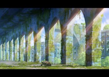 absurdres animal animal_focus arch building bush commentary_request highres moss no_humans original outdoors overgrown ruins scenery sumassha_t_t tortoise turtle