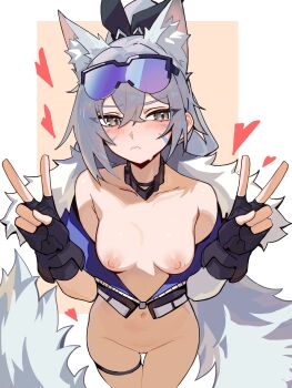1girl absurdres animal_ear_fluff animal_ears black_choker black_gloves breasts choker collarbone commentary cowboy_shot distr double_v english_commentary eyewear_on_head facial_mark fingerless_gloves fox_ears fox_girl fox_tail fur-trimmed_jacket fur_trim gloves grey_eyes grey_hair hands_up heart highres honkai:_star_rail honkai_(series) jacket kemonomimi_mode medium_breasts navel nipples off_shoulder pussy silver_wolf_(honkai:_star_rail) solo standing sunglasses tail two-sided_fabric two-sided_jacket v whisker_markings