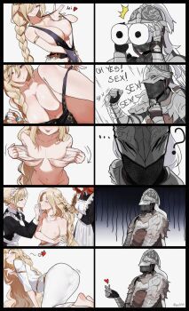 absurdres all_fours areola_slip armor ass black_dress blonde_hair blowing_kiss breast_padding bulge charles_(gu599) circlet commentary crossdressing crossdressing_(mtf) dress elden_ring english_commentary finger_heart gold_circlet gold_diadem helmet highres huge_ass long_hair maid miquella_(elden_ring) nipples no_bra o3o puffy_male_chest queen_marika_the_eternal strip_tease tarnished_(elden_ring) tears tongue tongue_out trap tunic undressing very_long_hair wavy_hair white_tunic