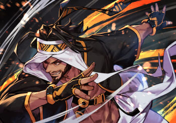 Rule 34 | 1boy, beard, black hair, brown eyes, dark-skinned male, dark skin, facial hair, fingerless gloves, gloves, goatee, headband, hungry clicker, jacket, male focus, open clothes, open jacket, rashid (street fighter), smile, solo, street fighter, street fighter 6, turban, wind