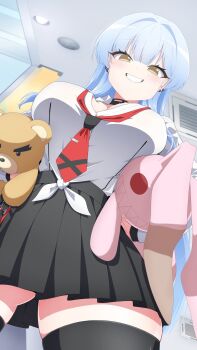 1girl aqua_hair black_collar black_skirt black_thighhighs breasts clenched_teeth collar commentary_request ear_piercing from_below highres holding holding_stuffed_toy indoors julia_barnes large_breasts muv-luv muv-luv_girls_garden necktie piercing pleated_skirt red_necktie ringed_eyes shirt skirt smile solo stuffed_animal stuffed_rabbit stuffed_toy tatu_shin teddy_bear teeth thighhighs white_shirt yellow_eyes