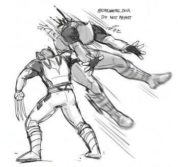 2boys anger_vein angry back belt bleeding blood bodysuit boots claw_(weapon) clenched_hand commentary commentary_request deadpool deadpool_&amp;_wolverine deadpool_(series) dreaming_oor english_commentary full_body height_difference highres impaled lifting_person male_focus marvel marvel mask mixed-language_commentary monochrome motion_lines multiple_boys short_hair stab standing superhero_costume twitter_username utility_belt violence weapon wolverine_(x-men) x-men