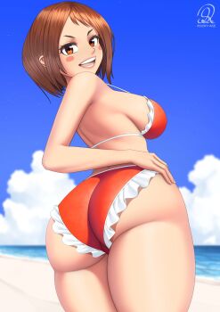 1girl artist_name ass bare_shoulders beach bikini blue_sky blush_stickers boku_no_hero_academia breasts brown_eyes brown_hair female_focus highres huge_ass large_breasts looking_at_viewer looking_back matching_hair/eyes ocean open_mouth outdoors red_bikini rocky-ace sand short_hair sidelocks sky smile solo swimsuit teeth thick_thighs thighs uraraka_ochako watermark