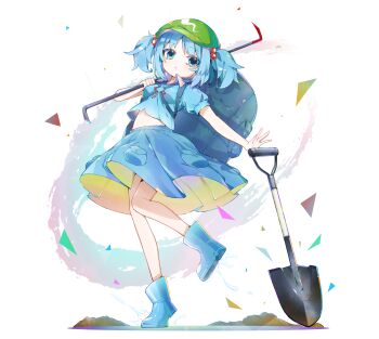 1girl absurdres backpack bag blue_eyes blue_hair boots breasts commentary hair_bobbles hair_ornament hat highres kawashiro_nitori short_sleeves sia_6767 skirt small_breasts solo touhou two_side_up