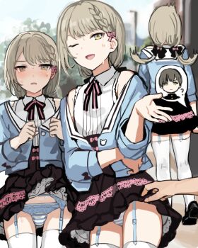 2boys :d ;d ? armpit_crease black_ribbon black_shoes black_skirt blonde_hair blue_jacket blue_panties blurry blurry_background blush bow braid bulge cityscape closed_mouth clothes_grab clothes_lift clothes_pull collared_shirt commentary_request cowboy_shot cropped_shoulders crossdressing crossdressing_(mtf) dot_nose from_behind full_body garter_straps grabbing_another's_skirt green_eyes hair_bow hands_up jacket jacket_pull long_hair looking_at_viewer male_focus midriff_peek multiple_boys multiple_hair_bows multiple_views neck_ribbon one_eye_closed open_hand open_mouth original outdoors panties parted_lips partial_commentary pink_bow pink_ribbon pleated_skirt ribbon shirt shoes short_hair single_braided_sidelock skirt skirt_lift sleeveless sleeveless_shirt smile speech_bubble striped_clothes striped_panties sunaba_(nczd5875) sweat thighhighs thighs trap two-tone_ribbon underwear white_shirt white_thighhighs