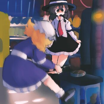 2girls absurdres bad_id bad_twitter_id black_hat black_skirt blonde_hair brown_eyes brown_hair collared_shirt commentary frilled_skirt frills hammer hashtag-only_commentary hat highres hitting holding holding_hammer iesonatana inactive_account indoors long_sleeves maribel_hearn mob_cap multiple_girls open_mouth purple_eyes shirt short_hair skirt strongman_game touhou usami_renko white_hat white_shirt