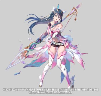 1girl azu-taro belt belt_buckle black_shorts blue_eyes blue_hair boots breasts buckle caeda_(fire_emblem) choker cleavage fire_emblem fire_emblem_heroes full_body gloves grey_background helmet high_heel_boots high_heels large_breasts long_hair midriff navel nintendo official_art open_mouth oribe_tsubasa polearm ponytail short_shorts shorts sparkle spear thigh_boots thighhighs tokyo_mirage_sessions_fe torn_clothes weapon
