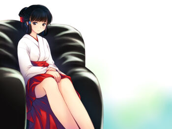Rule 34 | 1girl, black hair, brown eyes, chair, closed mouth, clothes lift, easy chair, feet out of frame, folded ponytail, gradient background, hakama, hakama lift, hakama skirt, hands on lap, japanese clothes, kimono, looking at viewer, miko, nihongami, nyaou (round facer), on chair, original, own hands together, red hakama, ring sidelocks, short hair, sidelocks, sitting, skirt, skirt lift, smile, solo, white kimono