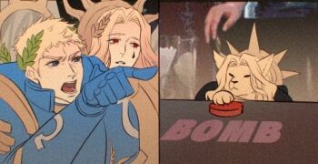 3boys angel angel_wings animalization armor blonde_hair blood_angels blue_armor blue_eyes cat closed_mouth commentary dark_angels english_commentary eyes_of_horus_(warhammer_40k) feathered_wings film_grain frown gold_armor laurel_crown lion_el&#039;jonson long_hair lowres magicalduck21 meme multiple_boys open_mouth power_armor pressing_button primarch red_button red_eyes regalia_resplendent roboute_guilliman sanguinius short_hair ultramarines warhammer_40k white_wings wings woman_yelling_at_cat_(meme)