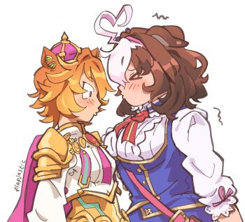 &gt;_&lt; 2girls ahoge animal_ears armor bag between_breasts blue_dress blush bow breasts brown_hair cape center_frills corset crown double-parted_bangs dress ear_ornament ear_piercing ear_ribbon ears_down flapjastic frills gold gold_corset hair_between_eyes hairband headband highres horse_ears horse_girl imminent_kiss jewelry large_breasts long_sleeves looking_at_breasts medium_hair meisho_doto_(turbulent_blue)_(umamusume) meisho_doto_(umamusume) mini_crown multicolored_hair multiple_girls orange_hair piercing pink_cape pink_crown pink_hairband pink_headband purple_eyes shirt short_hair shoulder_armor shoulder_bag simple_background strap_between_breasts sweat t.m._opera_o_(o_sole_suo!)_(umamusume) t.m._opera_o_(umamusume) two-tone_hair umamusume upper_body white_dress white_hair white_shirt yuri