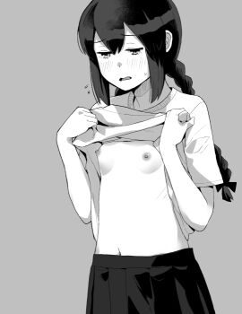 1girl blush braid breasts clothes_lift flying_sweatdrops greyscale half-closed_eyes isonami_(kancolle) kantai_collection lifting_own_clothes long_hair makio_(makiomeigenbot) monochrome parted_lips pleated_skirt shirt_lift short_sleeves skirt small_breasts solo sweat twin_braids upper_body