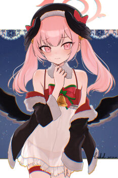 1girl 2025 3: alternate_costume bare_shoulders bell beret black_hat black_jacket black_wings blue_archive blush bow breasts christmas clenched_hand closed_mouth commentary_request covered_navel cowboy_shot dated detached_collar dress encheru_(th-sto) feathered_wings film_grain frilled_dress frills fur-trimmed_headwear fur-trimmed_sleeves fur_trim furrowed_brow hair_bobbles hair_ornament halo hand_up hat hat_bow head_wings highres jacket koharu_(blue_archive) letterboxed long_hair long_sleeves looking_at_viewer low_wings neck_bell open_clothes open_jacket outline panties pink_eyes pink_hair pink_halo red_bow red_panties see-through_clothes see-through_dress sidelocks signature simple_background sleeveless sleeveless_dress small_breasts solo spaghetti_strap thigh_gap thigh_strap twintails underwear white_outline wide_sleeves wings