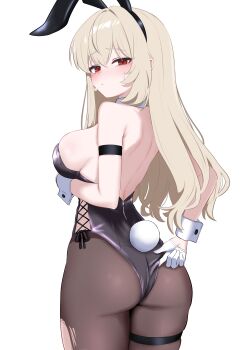 1girl absurdres adjusting_clothes adjusting_leotard animal_ear_hairband animal_ears arm_under_breasts armpit_crease backless_leotard bare_back black_hairband black_leotard blonde_hair blush breasts brown_pantyhose commentary_request commission cowboy_shot fake_animal_ears fake_tail from_behind gloves hairband half_gloves highres large_breasts leotard long_hair looking_at_viewer looking_back median_furrow mole mole_under_eye oldsickkim original pantyhose rabbit_ear_hairband rabbit_ears rabbit_tail red_eyes shoulder_blades simple_background skindentation small_sweatdrop solo standing straight_hair tail thigh_strap torn_clothes torn_pantyhose turning_head white_background white_gloves white_wrist_cuffs wrist_cuffs