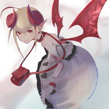 .noz 1girl :p ahoge arm_strap backless_dress backless_outfit bag bare_shoulders belt belt_collar blush bracelet collar colored_tips cross cross_print curled_horns demon_girl demon_horns demon_wings dress dyed_ahoge feet_out_of_frame frilled_dress frills from_side gloves grey_hair hair_between_eyes handbag heart heart_print highres horns jewelry leaning_forward long_dress looking_at_viewer makaino_ririmu makaino_ririmu_(1st_costume) multicolored_hair nijisanji off-shoulder_dress off_shoulder pixie_cut pointy_ears red_bag red_collar red_eyes red_horns red_streaks red_wings shoulder_bag sidelocks simple_background solo streaked_hair tongue tongue_out virtual_youtuber white_background white_dress white_gloves wings