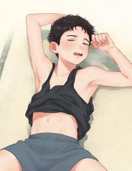 1boy armpits black_hair hatoshi_(pico273) highres lying male_focus midriff_peek on_back open_mouth original short_hair shota solo sweat tank_top