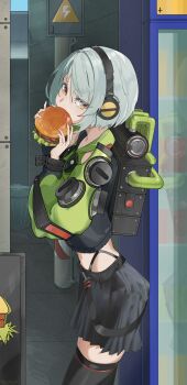 Rule 34 | 1girl, absurdres, against wall, anby demara, bare shoulders, black skirt, black thighhighs, burger, commentary, dated commentary, eating, english commentary, food, from side, green jacket, green sleeves, grey hair, headphones, highres, holding, holding burger, holding food, hxzdz, jacket, looking at viewer, midriff, multicolored sleeves, orange eyes, reflection, short hair, skirt, solo, thighhighs, trash can, zenless zone zero