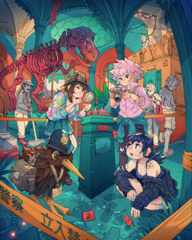 3girls 4boys animal aqua_skirt aqua_sweater arm_tattoo bag balcony bandaid bandaid_on_arm bandaid_on_cheek bandaid_on_face bandaid_on_shoulder baseball_cap bird black_pants blue_hair blue_tank_top breasts broken_glass broom brown_hair brown_hat brown_shoes camera caution_tape cleavage clothed_animal clothes_around_waist commentary crime_scene deerstalker detective dinosaur_skeleton earrings evidence_markers exit_sign footprints gem_(symbol) glass green_sky hair_ornament hairclip hand_on_own_chin hat highres holding holding_broom holding_camera holding_magnifying_glass indoors jacket janitor jewelry jumpsuit kiwi_(bird) lanyard long_hair looking_at_another looking_at_object looking_at_screen magnifying_glass multicolored_jacket multiple_boys multiple_girls museum name_tag open_door original pants partially_colored pedestal pillow pink_hair pink_shirt plaid_clothes plaid_shirt plant planter pleated_skirt police_hat ponytail potted_plant puddle red_shoes satchel shirt shoes short_hair sidelocks simz skirt sky skyline socks string_of_flags string_of_light_bulbs stroking_own_chin sweater sweater_around_waist tank_top tattoo torn_clothes torn_pants tyrannosaurus_rex white_socks window wooden_floor