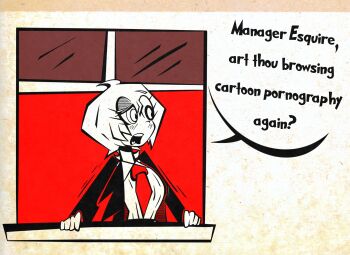 1girl absurdres artichoke2_(dickpeacock11) black_suit collared_shirt don_quixote_(project_moon) english_text formal_clothes highres limbus_company necktie open_mouth partially_colored project_moon red_necktie shirt short_hair solo speech_bubble suit teeth upper_body upper_teeth_only white_shirt window