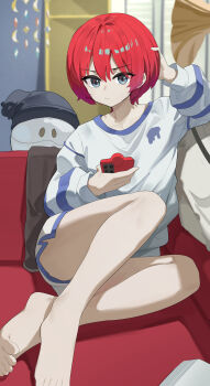 1girl amate_yuzuriha bare_legs barefoot beanie black_hat blue_eyes blue_trim cellphone couch dddm frown gundam gundam_gquuuuuux hair_between_eyes hand_rest haro hat on_couch phone pillow pom_pom_(clothes) pom_pom_beanie red_hair shirt short_hair short_shorts shorts sitting solo thighs white_shirt white_shorts