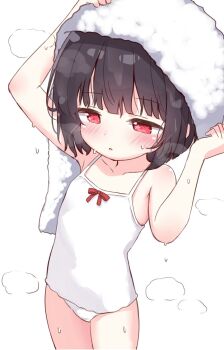 1girl after_bathing arms_up black_hair blush bow_camisole camisole drying drying_hair highres loli miria_(mamamamave) original panties red_eyes short_hair solo steam thighs towel towel_on_head underwear underwear_only wet white_camisole white_panties