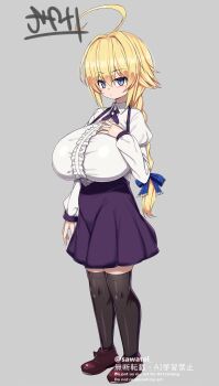 1girl ahoge alternate_costume arc_system_works black_thighhighs blazblue blazblue:_central_fiction blonde_hair blue_eyes blush braid braided_ponytail breast_suppress breasts center_frills commentary dress es_(xblaze) expressionless frills full_body grey_background hair_between_eyes hair_ribbon hand_on_own_chest highres huge_ahoge huge_breasts long_hair long_sleeves looking_at_viewer ribbon sawati shirt shoes shortstack signature simple_background single_braid skirt solo thighhighs underbust white_shirt xblaze