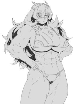 1girl abs bare_shoulders barghest_(fate) barghest_(swimsuit_archer)_(final_ascension)_(fate) biceps bikini blush breasts cleavage fate/grand_order fate_(series) greyscale hands_on_own_hips horns large_breasts long_hair looking_at_viewer minew monochrome muscular muscular_female navel solo swimsuit thick_thighs thighs