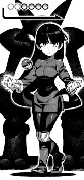 1girl alakazam black_bodysuit blunt_bangs bodysuit boots breasts crossed_legs dress expressionless eyelashes floating floating_object full_body gen_1_pokemon gloves greyscale hands_up heads-up_display highres hime_cut ireading knee_boots long_hair long_sleeves looking_at_viewer monochrome nintendo poke_ball pokemon pokemon_(creature) pokemon_frlg sabrina_(pokemon) short_dress silhouette standing telekinesis user_interface watson_cross white_background white_gloves