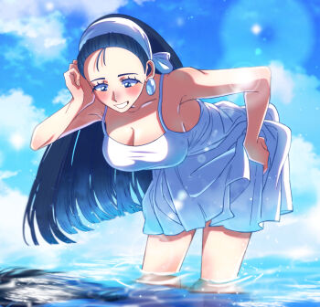 1girl black_eyes black_hair breasts dress earrings female_focus hairband hc_7624 highres huge_breasts jewelry kagura_chizuru large_breasts long_hair outdoors pale_skin reflection shiny_clothes shiny_skin skirt smile smiley_face standing the_king_of_fighters thick_thighs thighs water water_drop wet