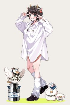 1girl alternate_costume animal_ears animal_print between_breasts bikini black_shoes blue_eyes blush breasts brown_hair cleavage closed_mouth commentary cow_ears cow_horns double_v fake_animal_ears fake_horns highres hololive horns leg_warmers looking_at_viewer medium_breasts oozora_subaru print_bikini shirt shoes short_hair smile solo subaru_duck subatomo_(big) subatomo_(oozora_subaru) subatomo_(small) swimsuit untranslatable_commentary v virtual_youtuber white_bikini white_leg_warmers white_shirt wpotion