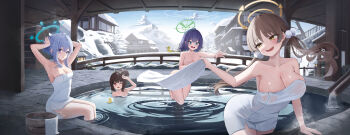 4girls absurdres alternate_hairstyle armpits beads blonde_hair blue_archive blue_halo blush breasts cleavage commentary green_eyes green_halo hair_beads hair_bun hair_ornament halo highres holding holding_towel hwa_sawa large_breasts miyako_(blue_archive) miyu_(blue_archive) moe_(blue_archive) multiple_girls naked_towel one_eye_closed onsen open_mouth purple_eyes purple_hair rabbit_platoon_(blue_archive) reaching reaching_towards_another red_eyes saki_(blue_archive) sitting towel twintails white_halo yellow_eyes yellow_halo