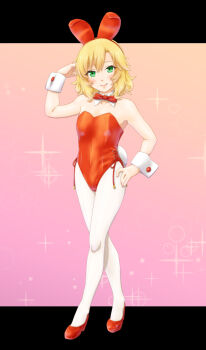 1girl animal_ear_hairband animal_ears blonde_hair bow bowtie breasts detached_collar fake_animal_ears full_body gradient_background green_eyes hairband hand_on_own_hip high_heels idolmaster idolmaster_cinderella_girls leotard pantyhose pink_background playboy_bunny rabbit_ears rabbit_tail red_bow red_bowtie red_leotard red_shoes sakurai_momoka shoes short_hair side-tie_leotard small_breasts solo sparkle_background standing strapless strapless_leotard tail white_pantyhose wrist_cuffs zilver-01