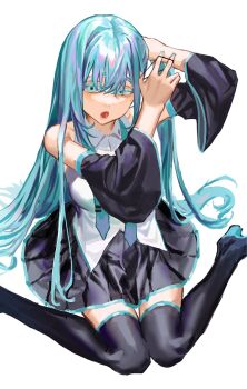 1girl black_skirt blue_eyes blue_hair blue_necktie boots chamuring collared_shirt detached_sleeves hair_tie hatsune_miku highres holding holding_hair_tie kneeling long_hair looking_at_viewer necktie open_mouth pleated_skirt shirt skirt solo thigh_boots thighhighs tying_hair undone_necktie very_long_hair vocaloid white_background white_shirt wide_sleeves