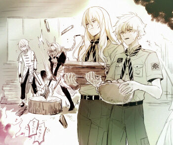 1girl 3boys aki_(neyuki41028) alternate_costume alternate_hairstyle anger_vein animal_ears apron ascot axe basket belt belt_buckle blue_eyes braid braided_ponytail buckle caenis_(fate) capri_pants changpao chinese_clothes chopping closed_mouth cosplay dark-skinned_female dark_skin dress ear_piercing earrings fate/grand_order fate_(series) fire firewood fujimaru_ritsuka_(male) fujimaru_ritsuka_(male)_(chaldea_pathfinder) fujimaru_ritsuka_(male)_(cosplay) glasses gloves hair_between_eyes hair_intakes hairband holding holding_axe holding_basket horse_ears jewelry juliet_sleeves kadoc_zemlupus kirschtaria_wodime log long_hair long_sleeves looking_at_another looking_down maid multiple_boys neckerchief open_mouth outdoors pants pantyhose partially_colored piercing ponytail_holder prince_of_lan_ling_(eastern_socialite_attire)_(fate) prince_of_lan_ling_(fate) puffy_sleeves shirt shoes short_hair short_sleeves smile speech_bubble sweat teeth translated tree_stump upper_teeth_only walking yellow_eyes