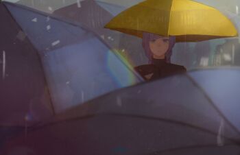 1girl absurdres artist_name black_umbrella commentary guilline_(yyalloww) highres long_hair looking_at_viewer mole mole_under_eye original parted_lips purple_eyes purple_hair solo turtleneck umbrella yellow_umbrella yyalloww